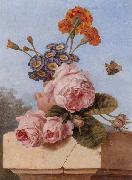 Still life of roses,carnations and polyanthers in a terracotta urn,upon a stone ledge,together with a tortoiseshell butterfly unknow artist